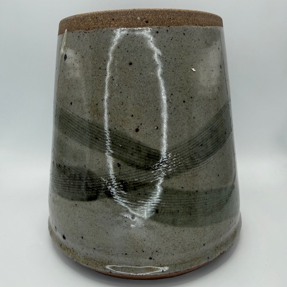 Stewart Signed Studio Pottery Vase Gray Green Speckled Glaze Utensil Crock 7in